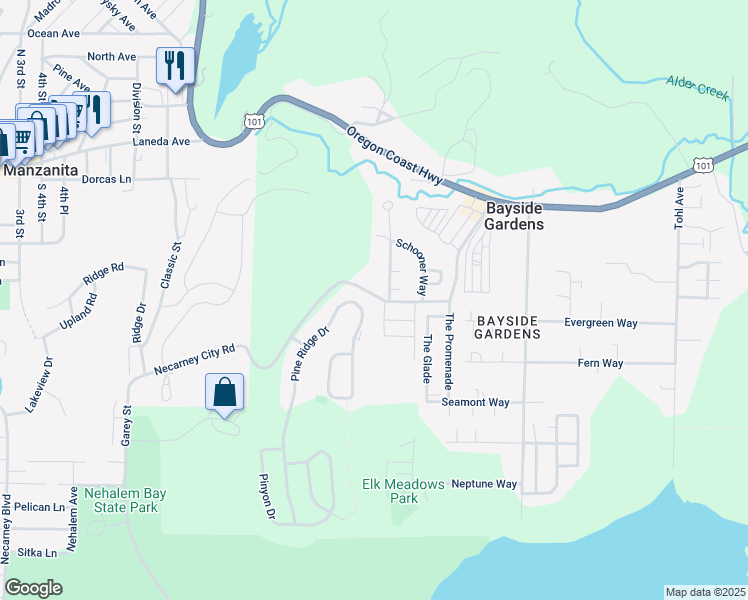 map of restaurants, bars, coffee shops, grocery stores, and more near 10755 Necarney City Road in Nehalem