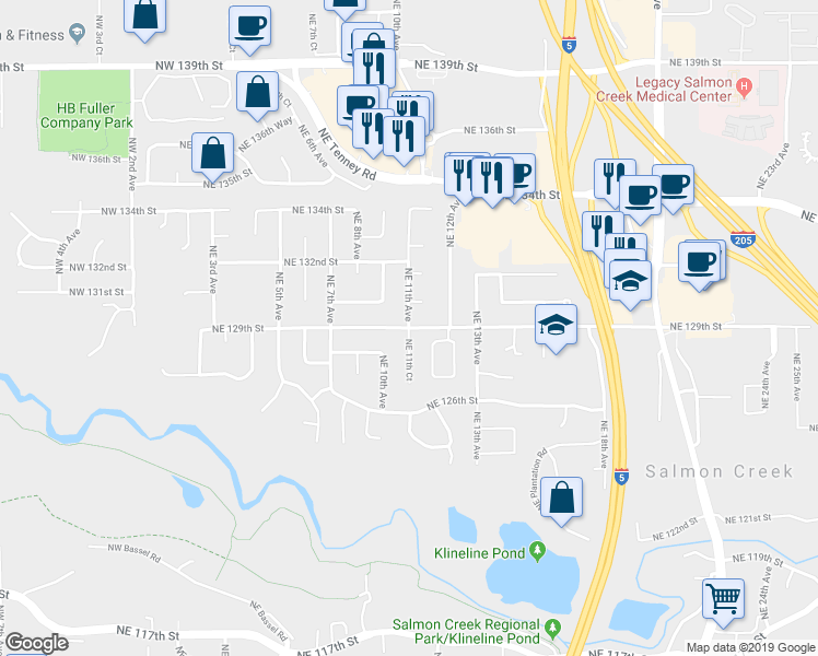 map of restaurants, bars, coffee shops, grocery stores, and more near Northeast 129th Street in Vancouver