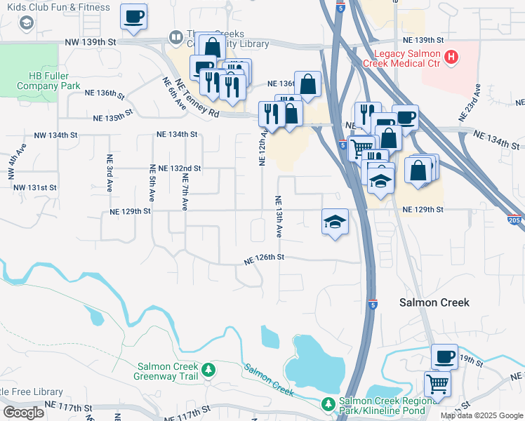 map of restaurants, bars, coffee shops, grocery stores, and more near 1199 Northeast 129th Street in Vancouver