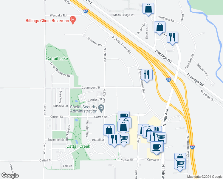 map of restaurants, bars, coffee shops, grocery stores, and more near 3378 North 27th Avenue in Bozeman
