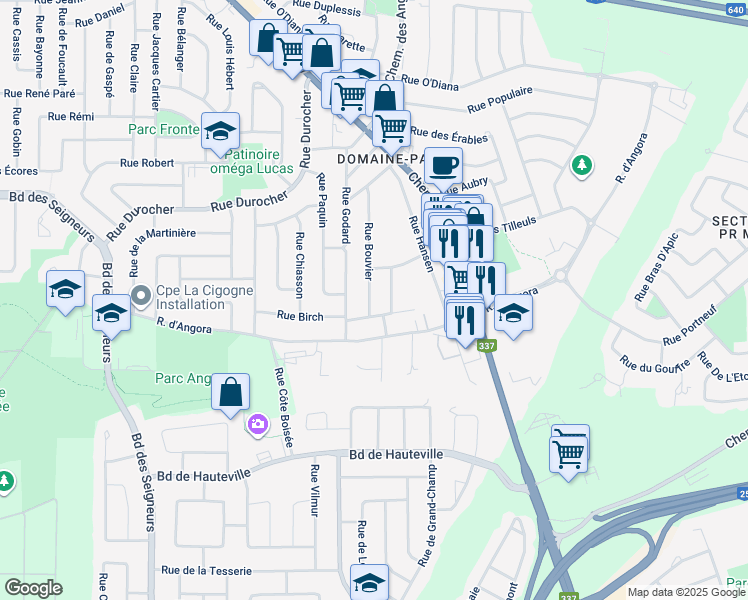 map of restaurants, bars, coffee shops, grocery stores, and more near 1525 Rue Bouvier in Terrebonne