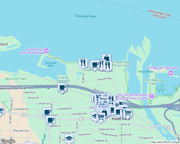 map of restaurants, bars, coffee shops, grocery stores, and more near 707 Portway Avenue in Hood River