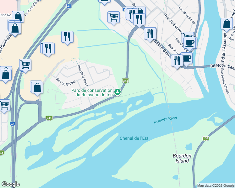 map of restaurants, bars, coffee shops, grocery stores, and more near 1 Chemin Saint-Charles in Terrebonne