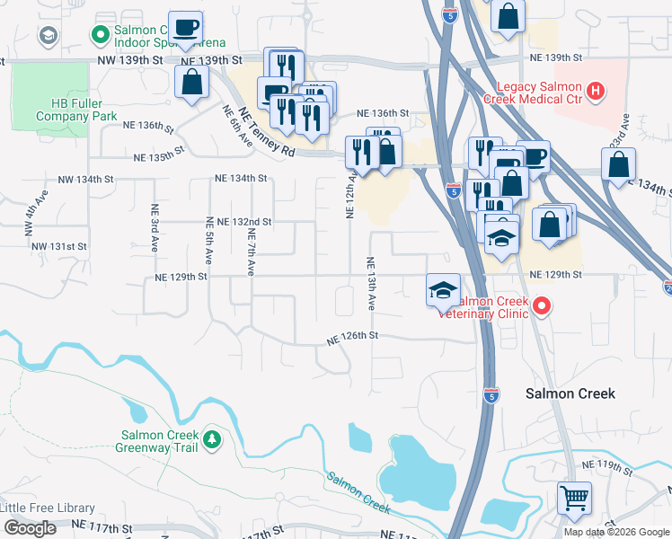 map of restaurants, bars, coffee shops, grocery stores, and more near 13003 Northeast 12th Avenue in Vancouver
