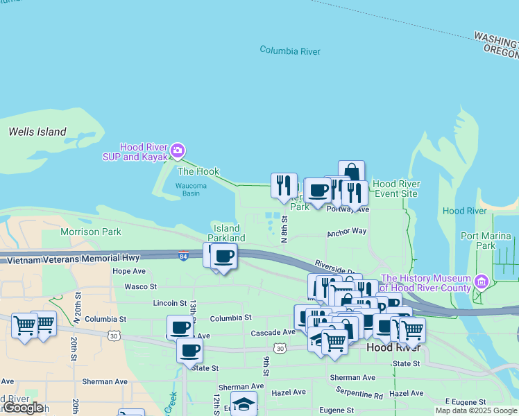 map of restaurants, bars, coffee shops, grocery stores, and more near 707 Portway Avenue in Hood River