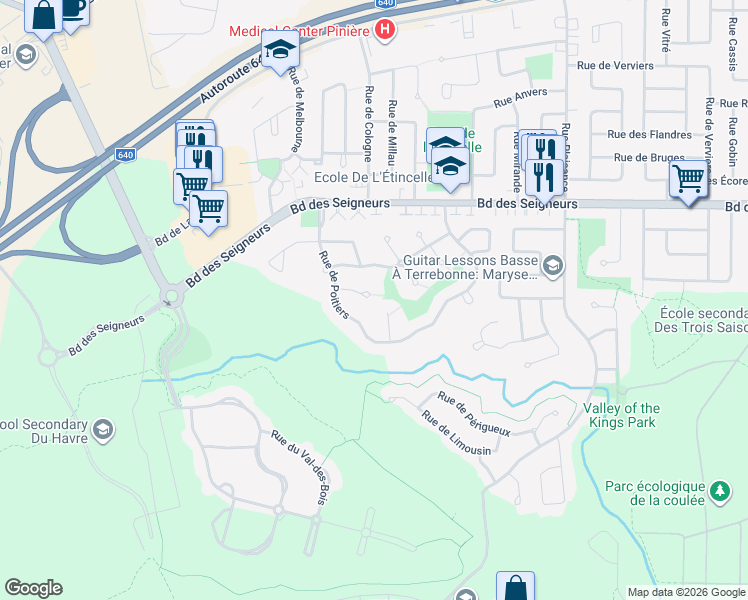 map of restaurants, bars, coffee shops, grocery stores, and more near 3034 Rue du Sourcier in Terrebonne