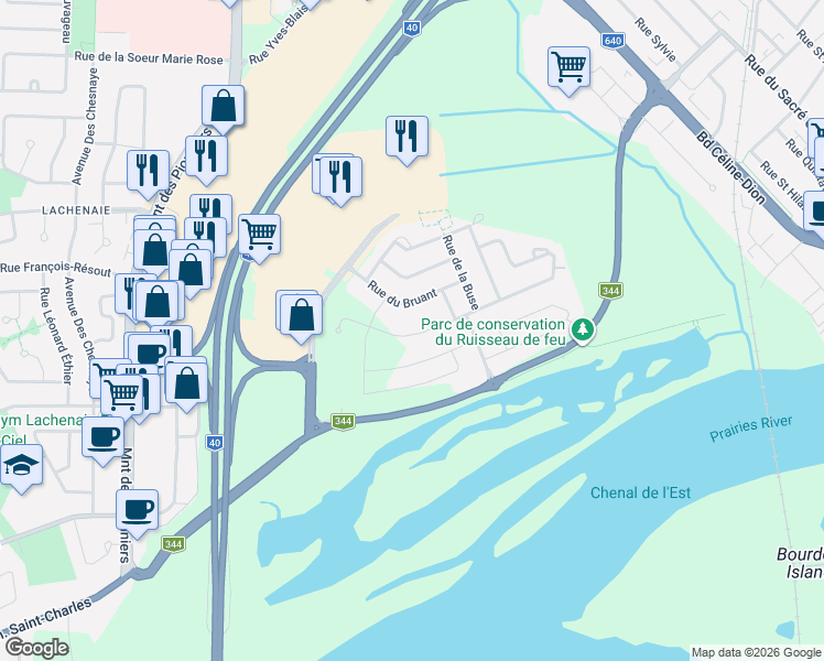 map of restaurants, bars, coffee shops, grocery stores, and more near 145 Rue du Campagnol in Terrebonne
