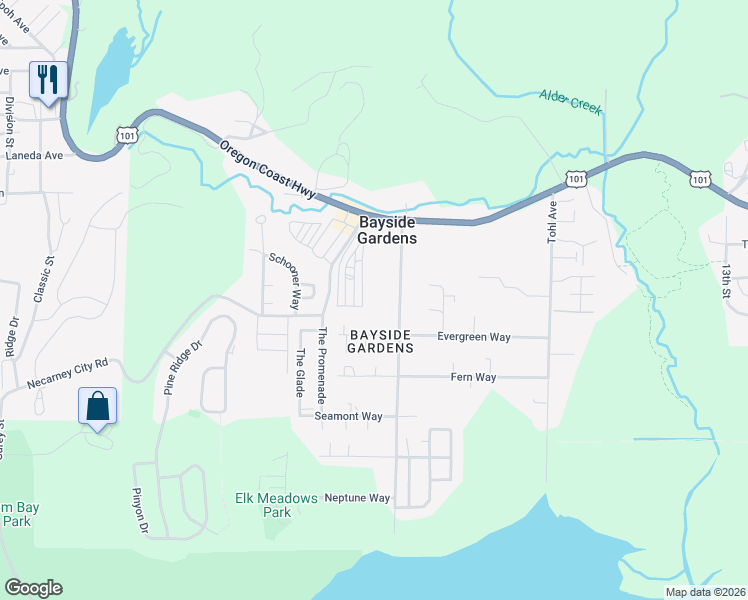 map of restaurants, bars, coffee shops, grocery stores, and more near 35360 Bayside Gardens Road in Nehalem