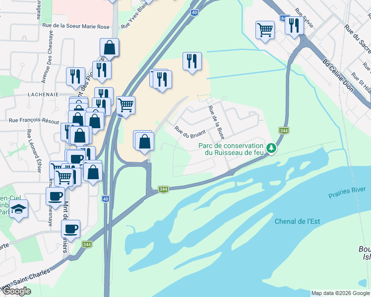 map of restaurants, bars, coffee shops, grocery stores, and more near 75 Rue du Campagnol in Terrebonne