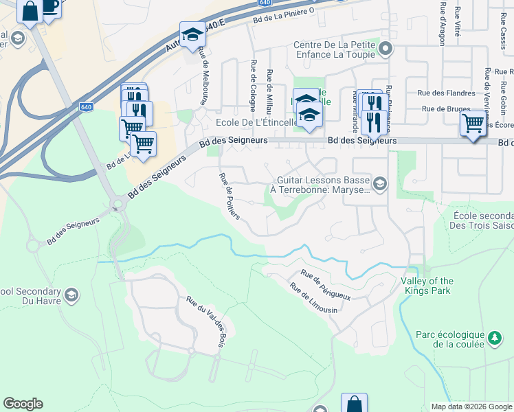 map of restaurants, bars, coffee shops, grocery stores, and more near 3034 Rue du Sourcier in Terrebonne
