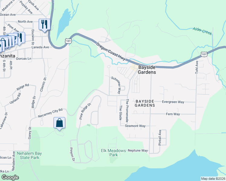 map of restaurants, bars, coffee shops, grocery stores, and more near 35525 Clipper Court in Nehalem