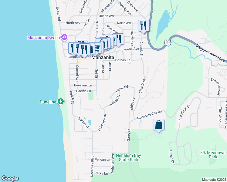 map of restaurants, bars, coffee shops, grocery stores, and more near 515 Ridge Road in Manzanita