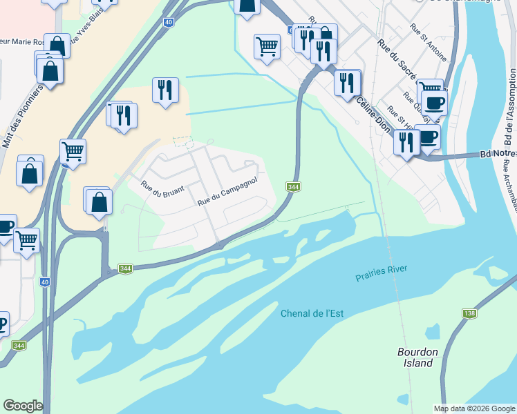 map of restaurants, bars, coffee shops, grocery stores, and more near 309 Rue du Grand-Héron in Terrebonne