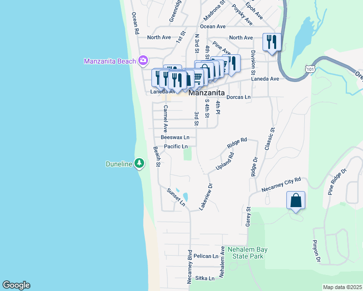 map of restaurants, bars, coffee shops, grocery stores, and more near 195 Pacific Lane in Manzanita