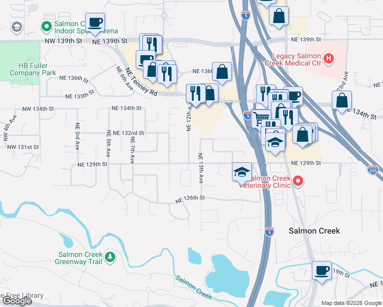 map of restaurants, bars, coffee shops, grocery stores, and more near 13003 Northeast 12th Avenue in Vancouver