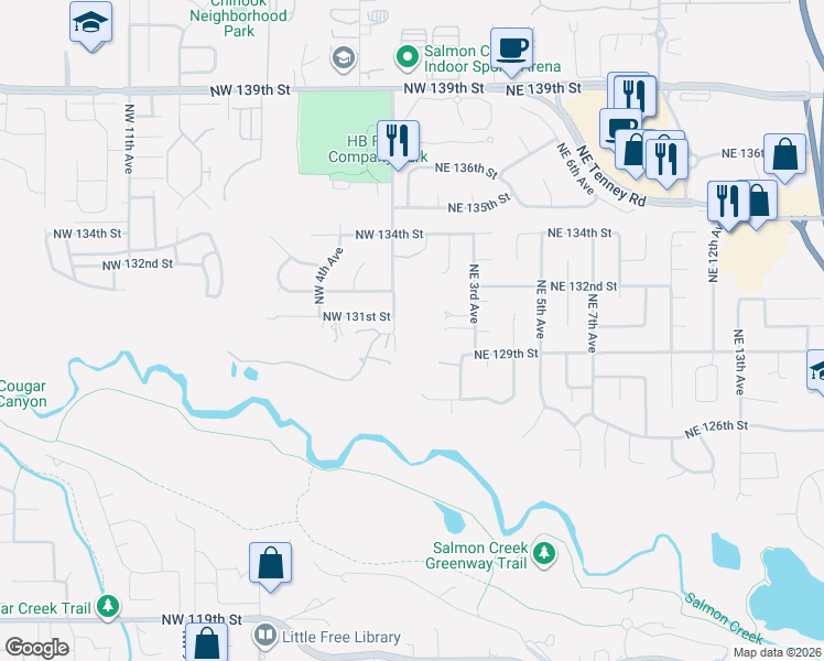 map of restaurants, bars, coffee shops, grocery stores, and more near 13005 Northwest 2nd Avenue in Vancouver