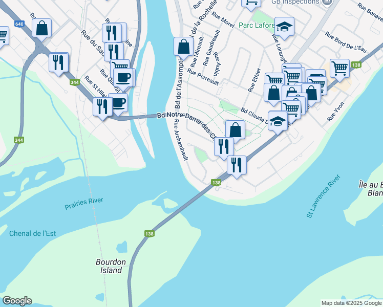 map of restaurants, bars, coffee shops, grocery stores, and more near 102 Rue le Gardeur in Repentigny