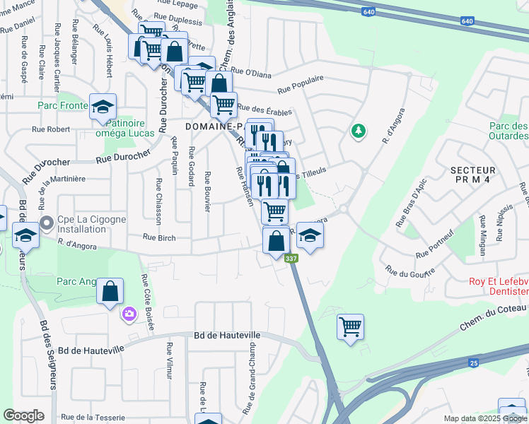 map of restaurants, bars, coffee shops, grocery stores, and more near 1674 Chemin Gascon in Terrebonne