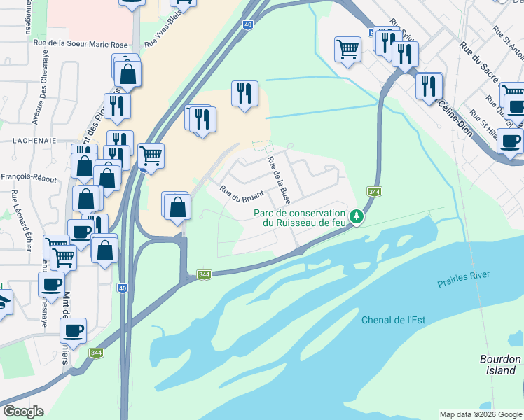 map of restaurants, bars, coffee shops, grocery stores, and more near 189 Rue du Campagnol in Terrebonne