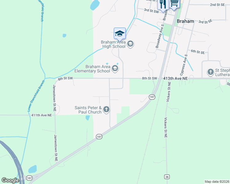 map of restaurants, bars, coffee shops, grocery stores, and more near 513 9th Street Southwest in Braham