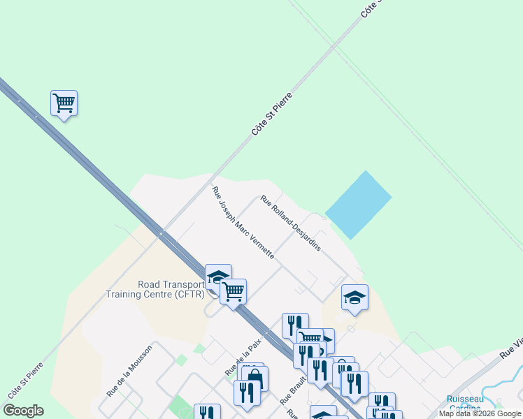 map of restaurants, bars, coffee shops, grocery stores, and more near 14410 Rue Rolland-Desjardins in Mirabel