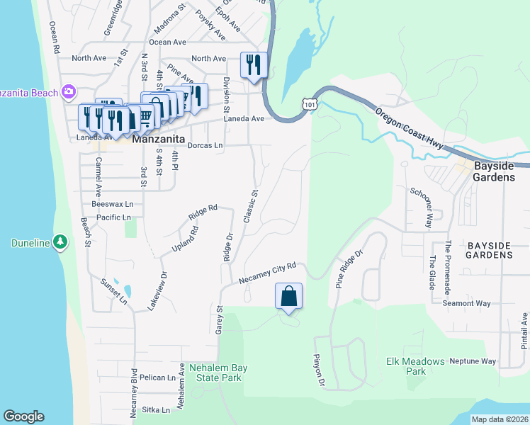 map of restaurants, bars, coffee shops, grocery stores, and more near 615 Ridge Road in Manzanita