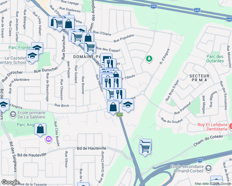 map of restaurants, bars, coffee shops, grocery stores, and more near 1615 Chemin Gascon in Terrebonne