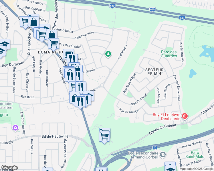 map of restaurants, bars, coffee shops, grocery stores, and more near 5150 Rue d'Angora in Terrebonne
