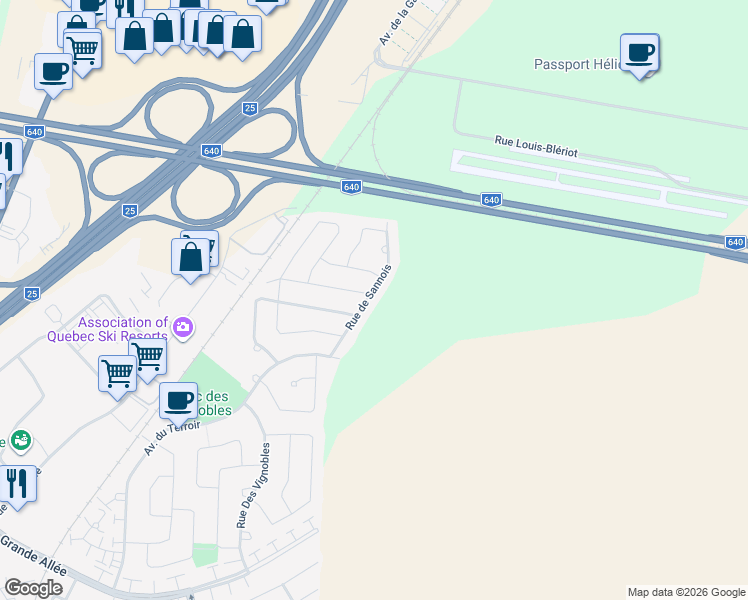 map of restaurants, bars, coffee shops, grocery stores, and more near 75 Rue de Sannois in Terrebonne