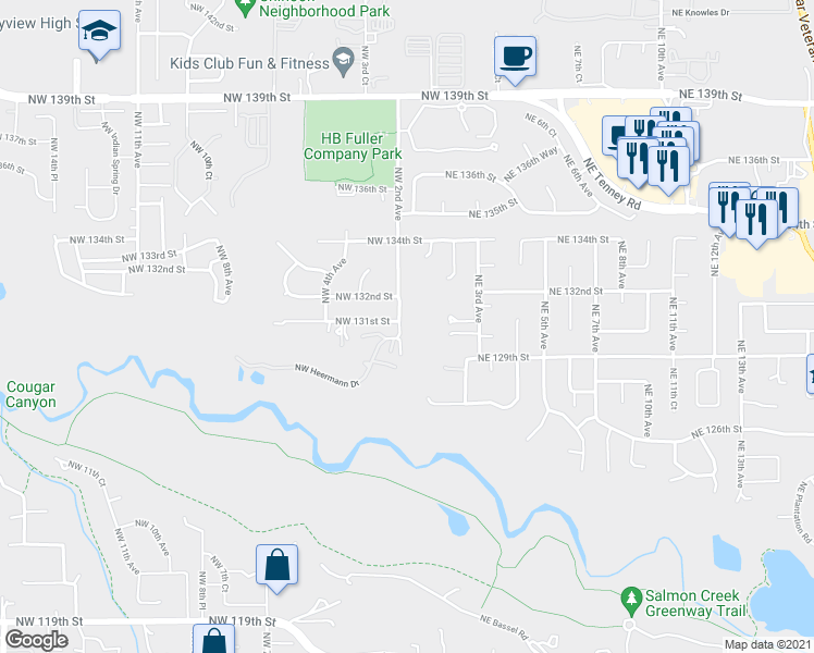 map of restaurants, bars, coffee shops, grocery stores, and more near 13005 Northwest 2nd Avenue in Vancouver
