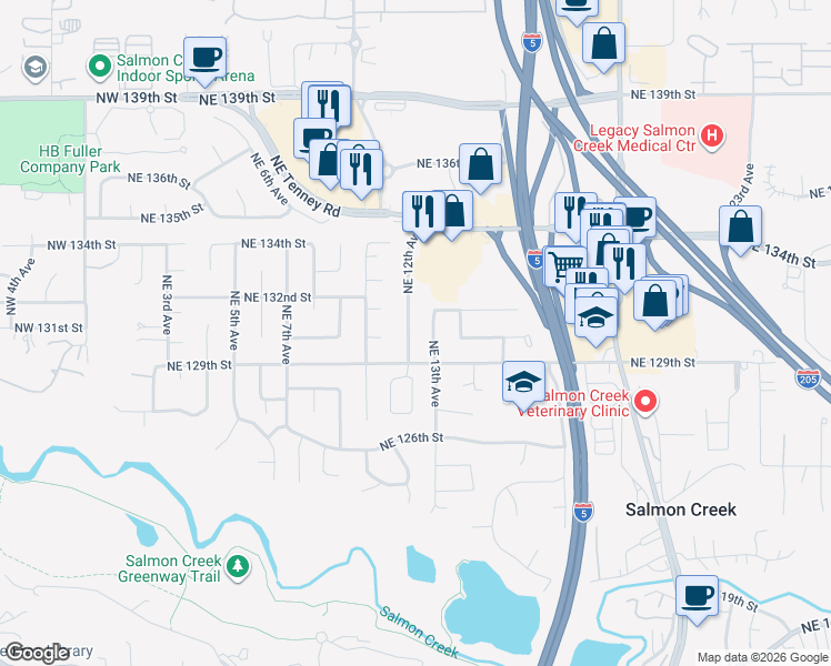 map of restaurants, bars, coffee shops, grocery stores, and more near 13003 Northeast 12th Avenue in Vancouver