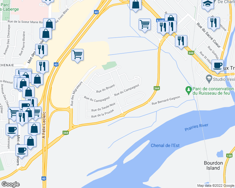 map of restaurants, bars, coffee shops, grocery stores, and more near 173 Campagnol Street in Terrebonne