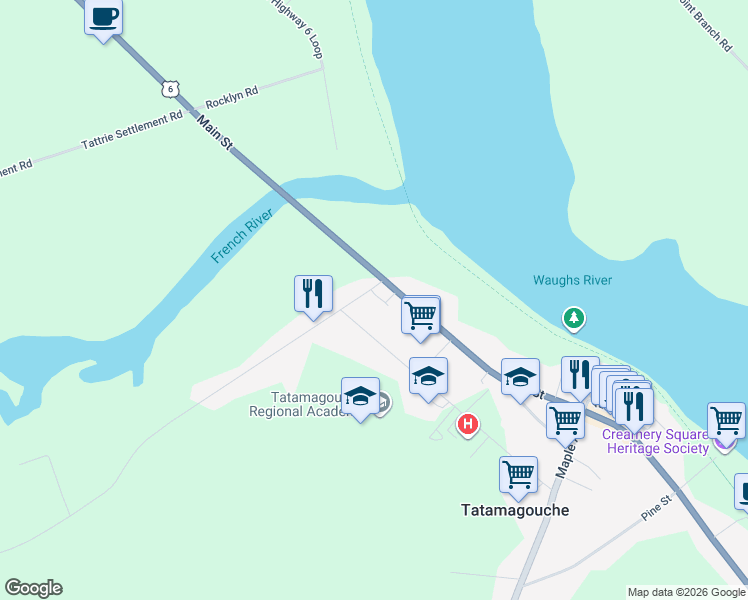 map of restaurants, bars, coffee shops, grocery stores, and more near 14 Lake Road in Tatamagouche