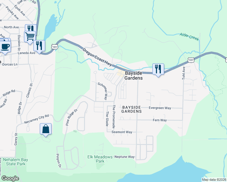 map of restaurants, bars, coffee shops, grocery stores, and more near 35567 Seaforest Way in Nehalem