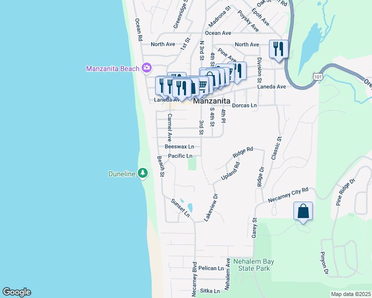 map of restaurants, bars, coffee shops, grocery stores, and more near 196 Beeswax Lane in Manzanita