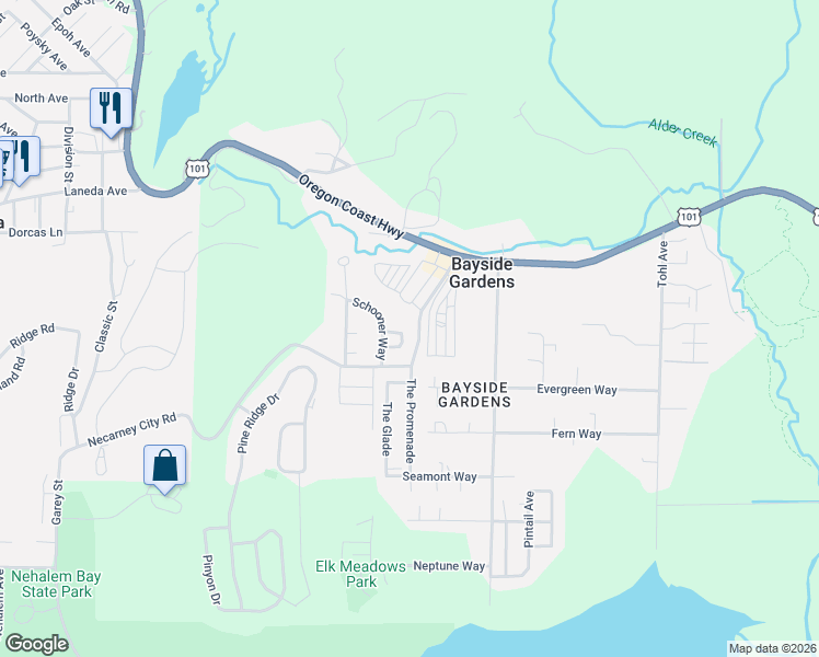 map of restaurants, bars, coffee shops, grocery stores, and more near 35565 Sea Forest Way in Nehalem