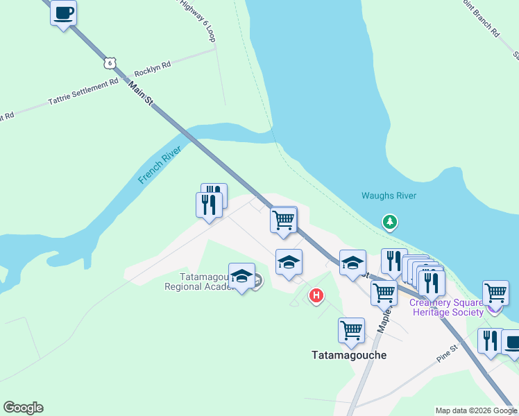 map of restaurants, bars, coffee shops, grocery stores, and more near 88 Main Street in Tatamagouche