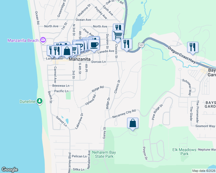 map of restaurants, bars, coffee shops, grocery stores, and more near 599 Ridge Road in Nehalem