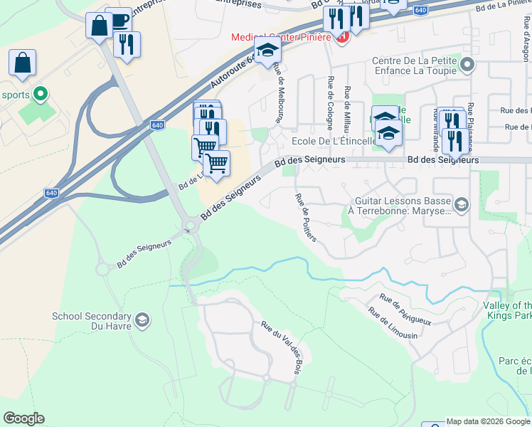 map of restaurants, bars, coffee shops, grocery stores, and more near 2550 Rue de la Giboulée in Terrebonne