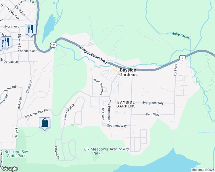 map of restaurants, bars, coffee shops, grocery stores, and more near 35567 Seaforest Way in Nehalem