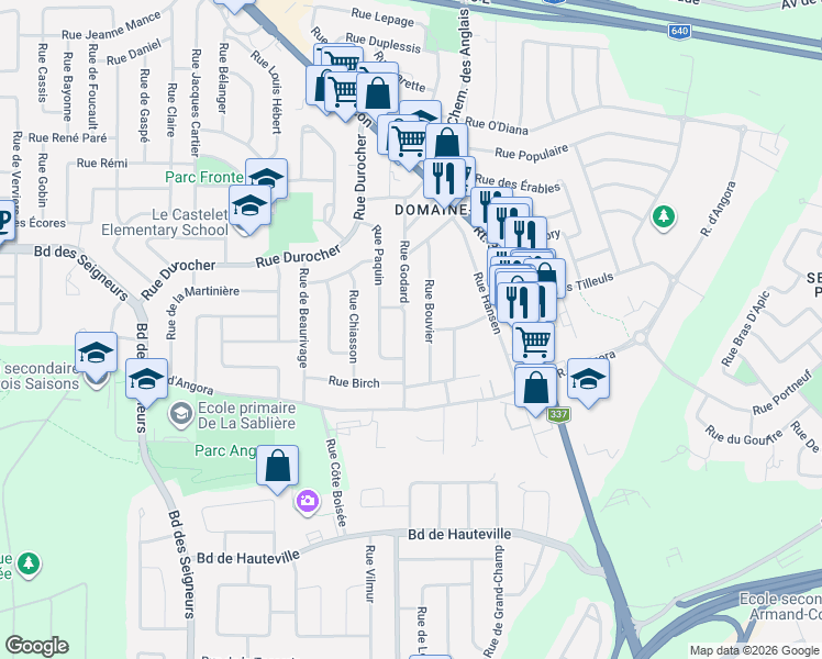 map of restaurants, bars, coffee shops, grocery stores, and more near 1587 Rue Godard in Terrebonne