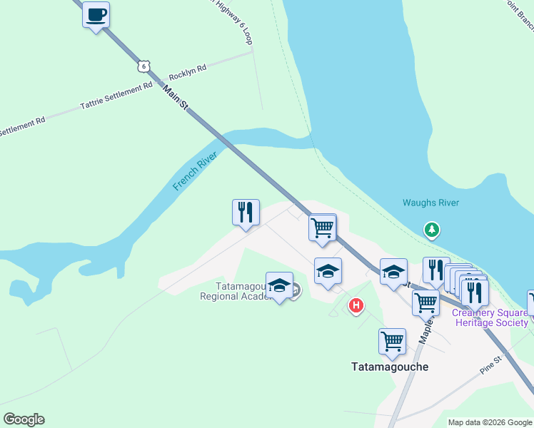 map of restaurants, bars, coffee shops, grocery stores, and more near 25 Lake Road in Tatamagouche
