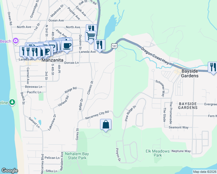 map of restaurants, bars, coffee shops, grocery stores, and more near 551 Meadows Drive in Manzanita