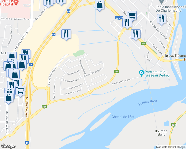 map of restaurants, bars, coffee shops, grocery stores, and more near 272 Rue du Campagnol in Terrebonne