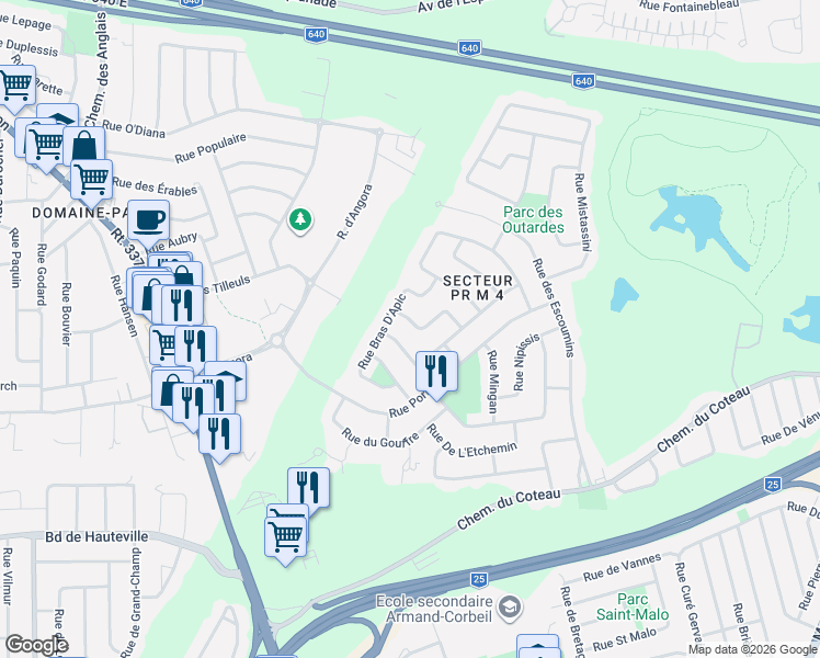 map of restaurants, bars, coffee shops, grocery stores, and more near 812 Rue de la Mécatina in Terrebonne