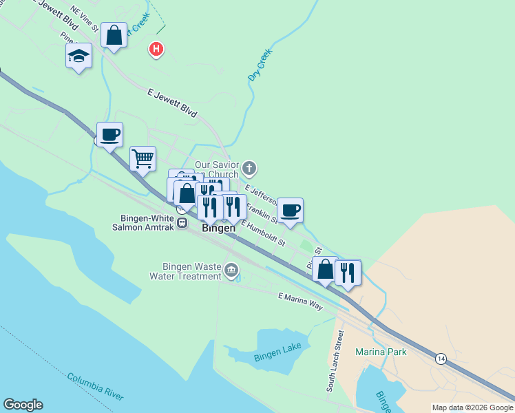 map of restaurants, bars, coffee shops, grocery stores, and more near East Franklin Street in Bingen