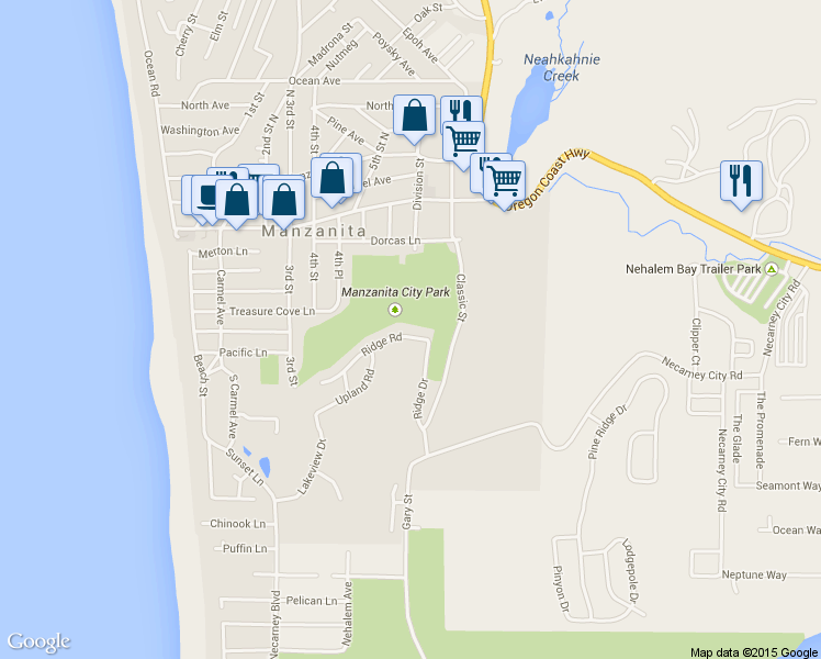 map of restaurants, bars, coffee shops, grocery stores, and more near 599 Ridge Road in Nehalem