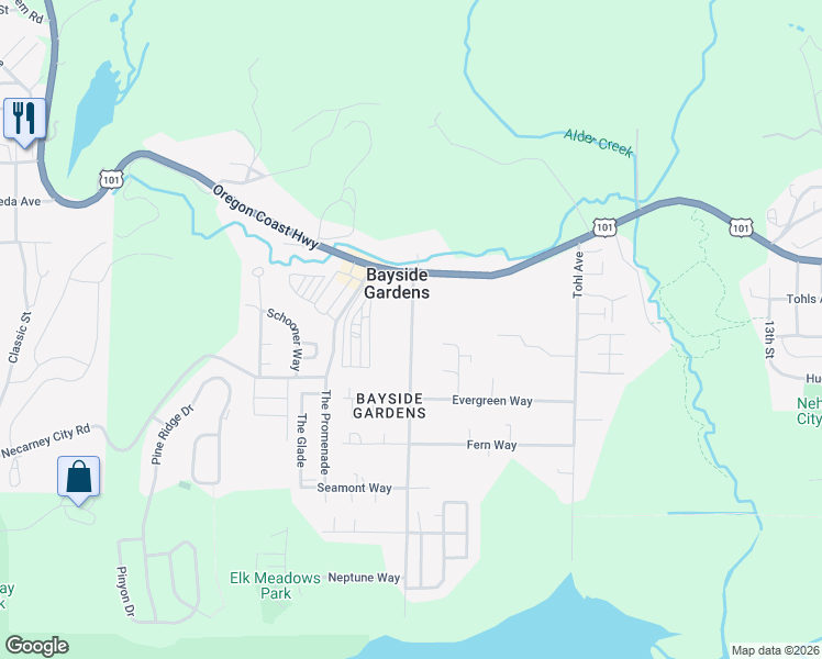 map of restaurants, bars, coffee shops, grocery stores, and more near 35360 Bayside Gardens Road in Nehalem