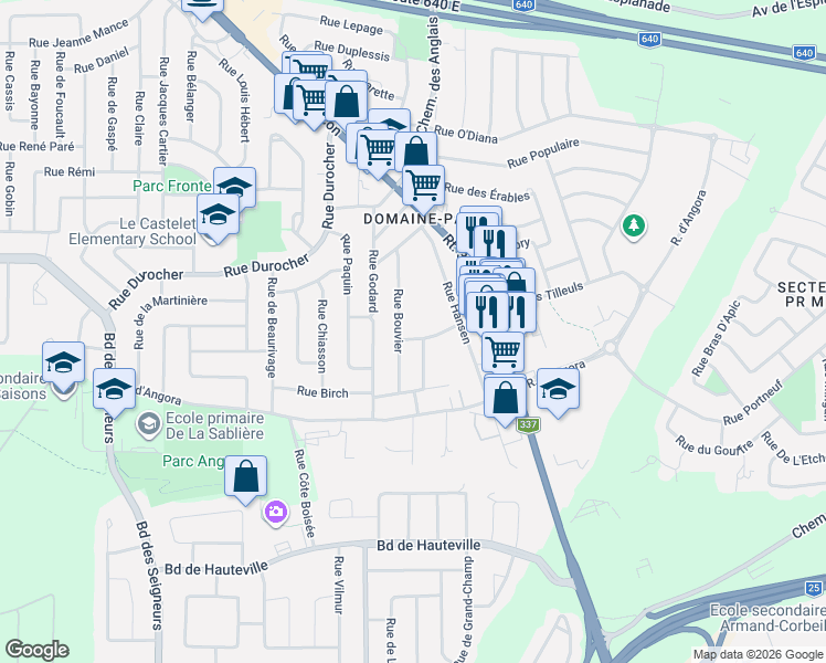 map of restaurants, bars, coffee shops, grocery stores, and more near 4505 Rue Galarneau in Terrebonne