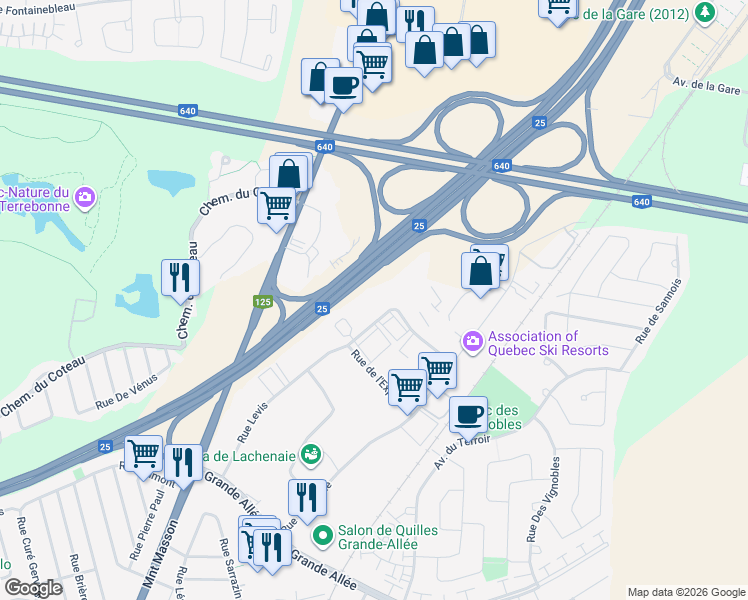 map of restaurants, bars, coffee shops, grocery stores, and more near 1190 Rue Levis in Terrebonne